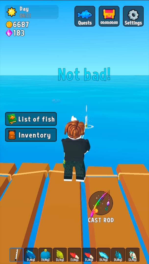 Fun Fishing — successful catch with a "Not bad!" score on the open sea