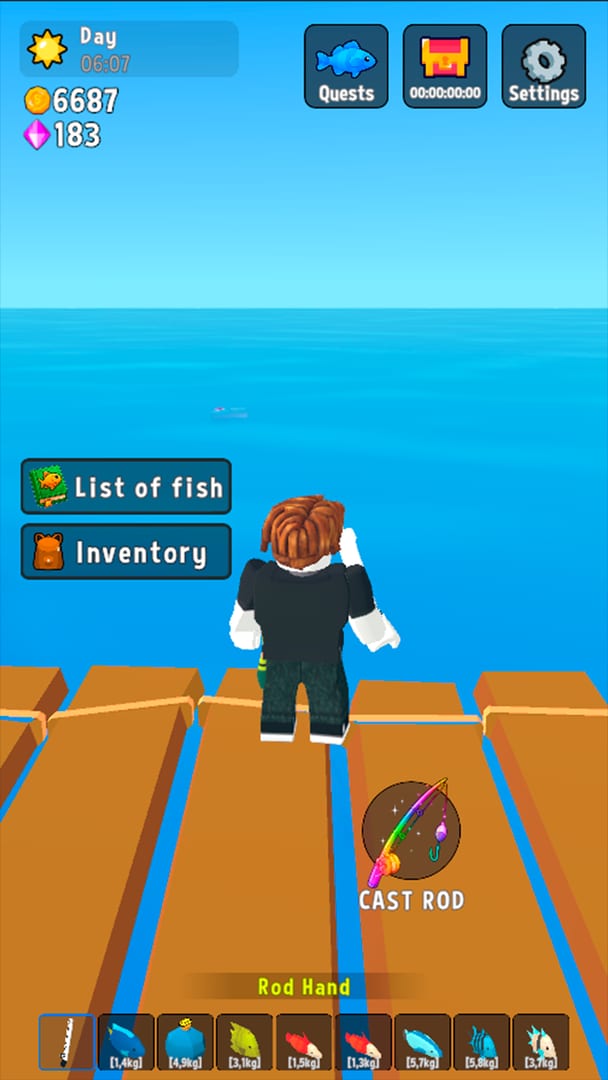 Fun Fishing — rod inventory bar with equipped fishing rod on the dock