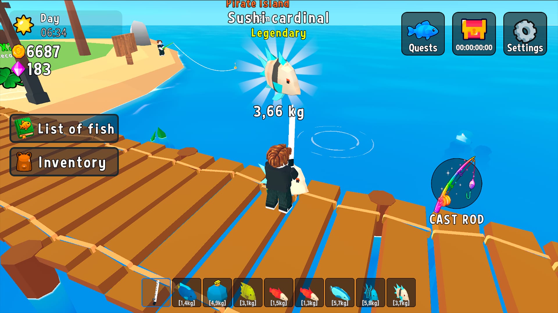 Fun Fishing — reeling in a Legendary Sushi Cardinal fish at Pirate Island