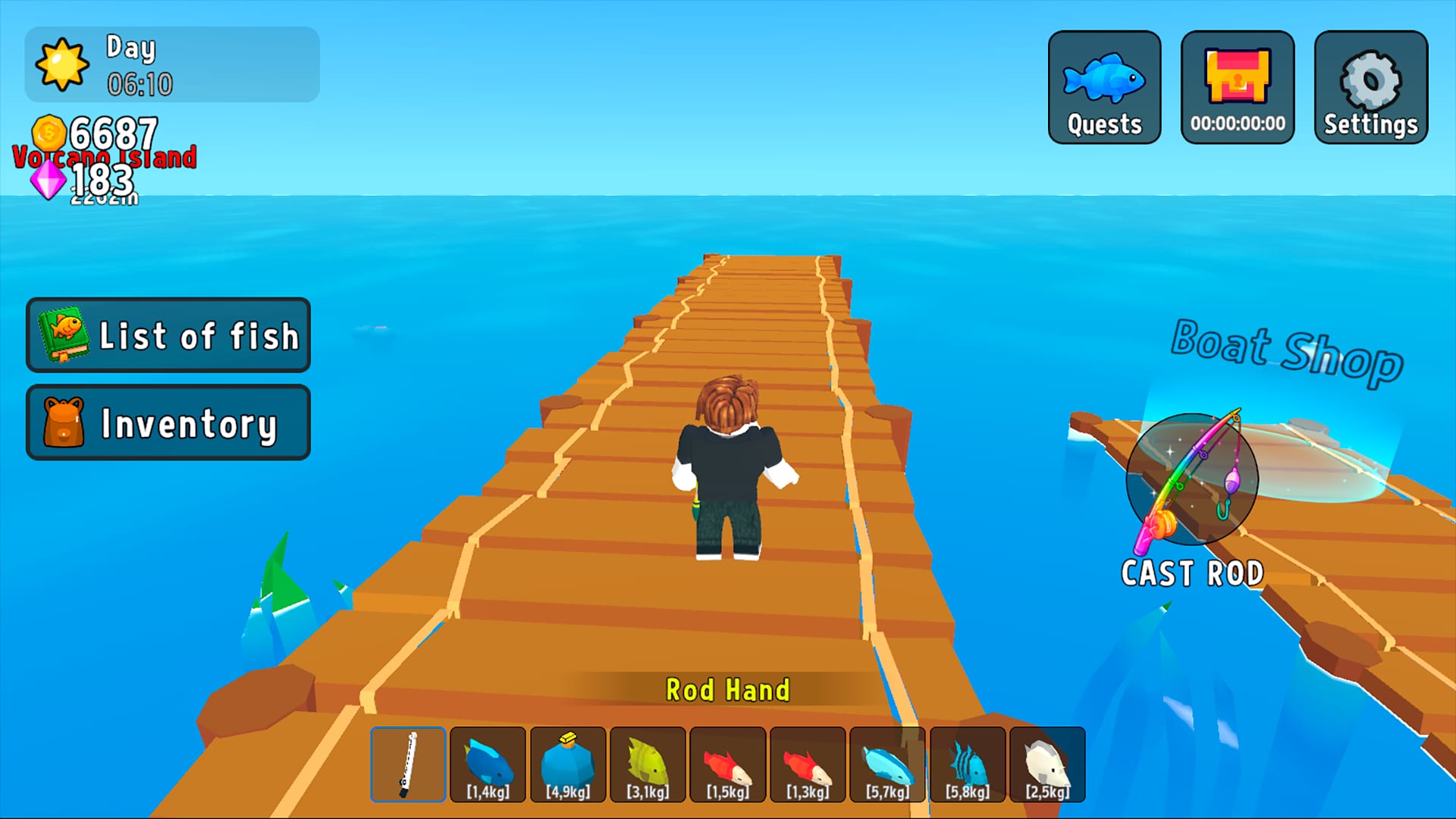 Fun Fishing — walking the dock toward the Boat Shop at Volcano Island